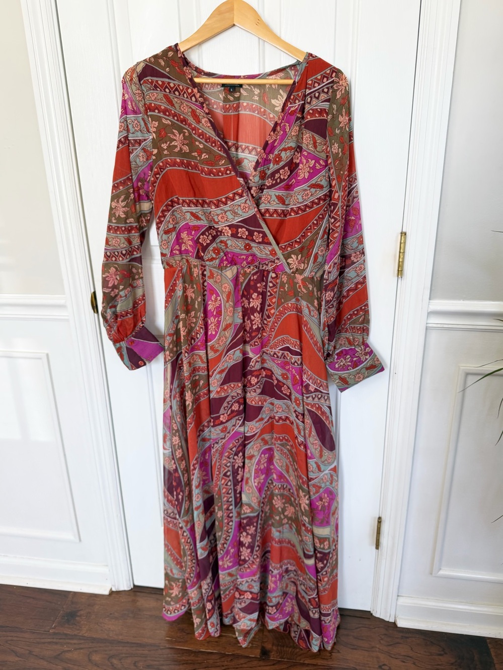 Spy Zone Exchange Maxi Dress Large Retro Floral Boho Paisley V-Neck Long